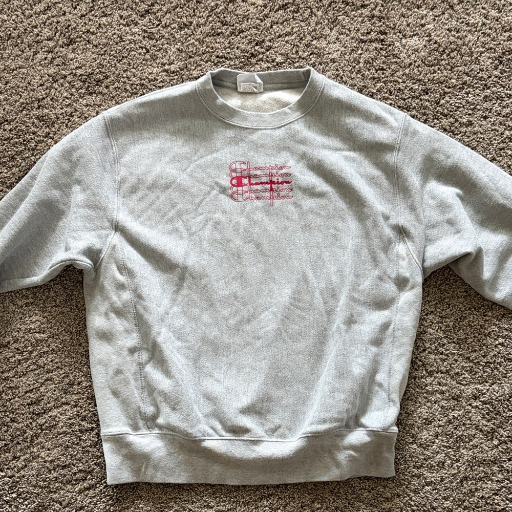 Gray Crewneck Sweater with Red Accent